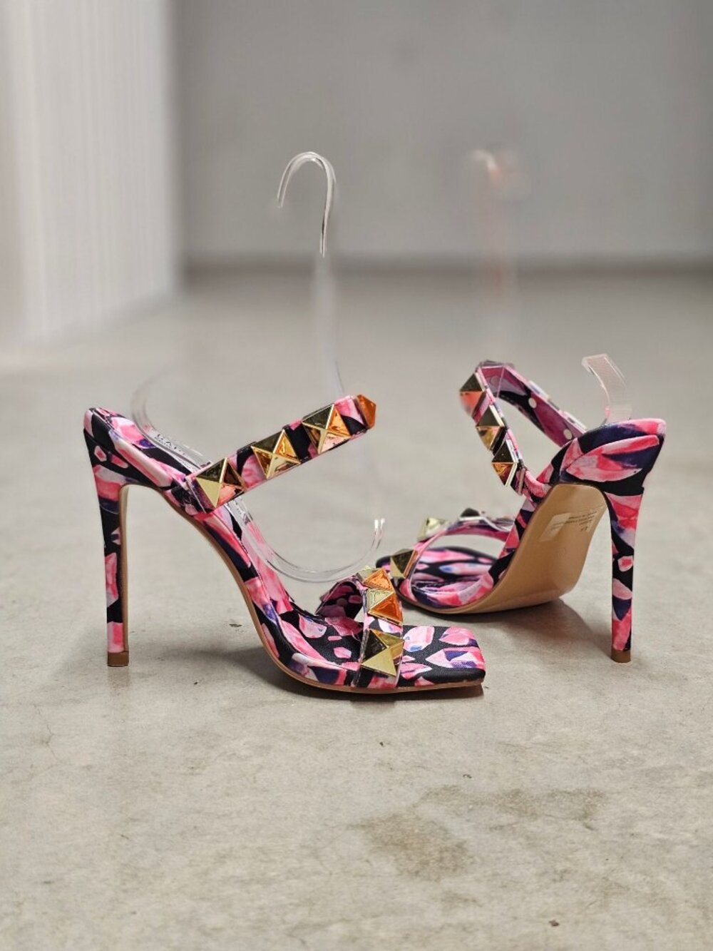 Pink & Gold Studded High Heel Sandals With Floral Pattern Open Toe Stiletto Heel - Picture 9 of 13